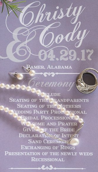 purple ceremony program pearls and diamonds