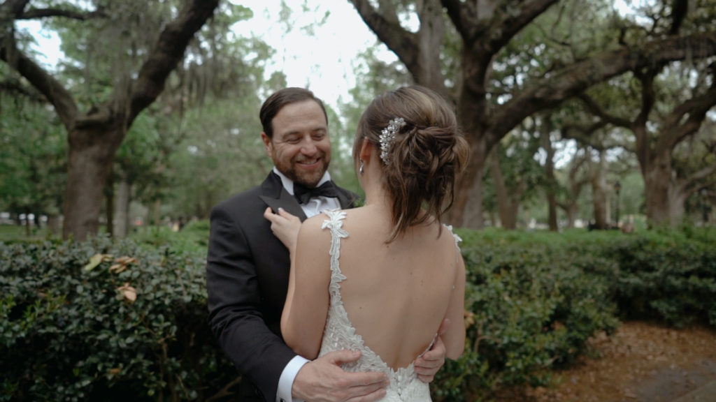 forsyth park wedding, bride and groom after first look
